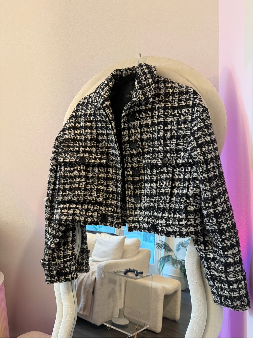 Anine Bing Black & White Tweed Cropped Blazer